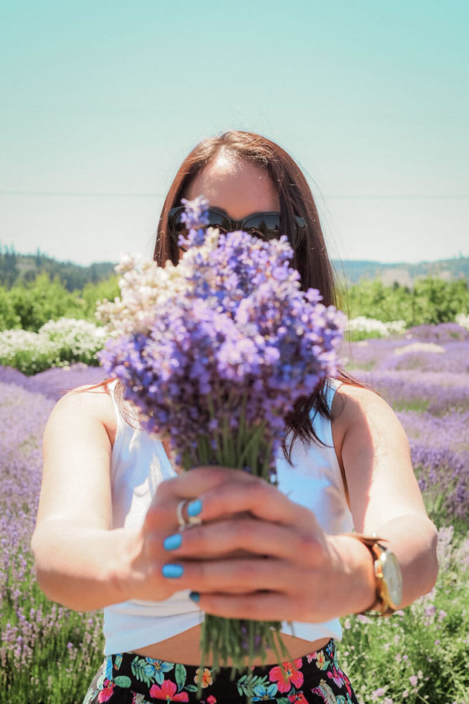 Woman holding a bouquet of lavender in a lavender field