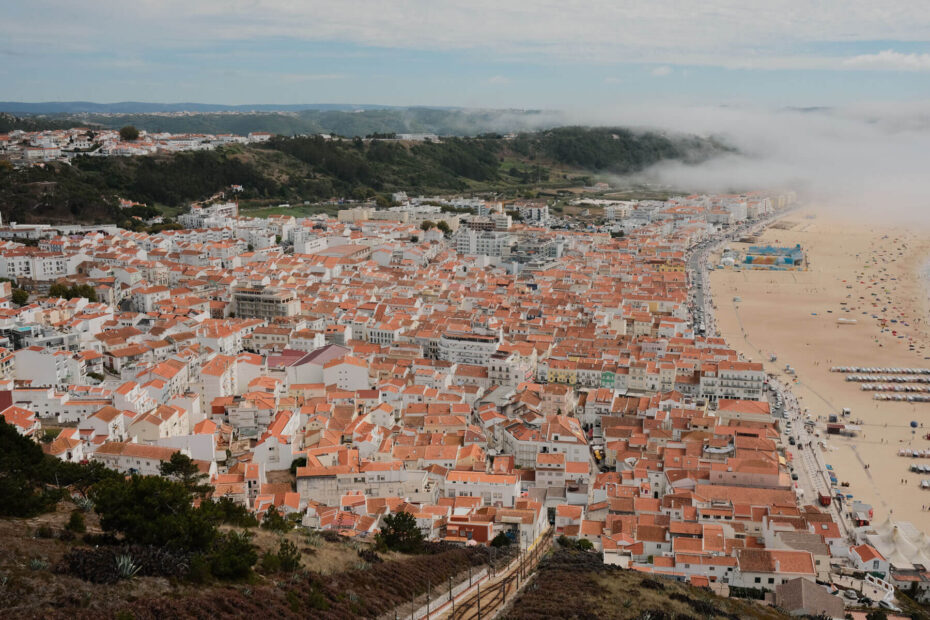 View looking down on the beach in Nazare, Portugal